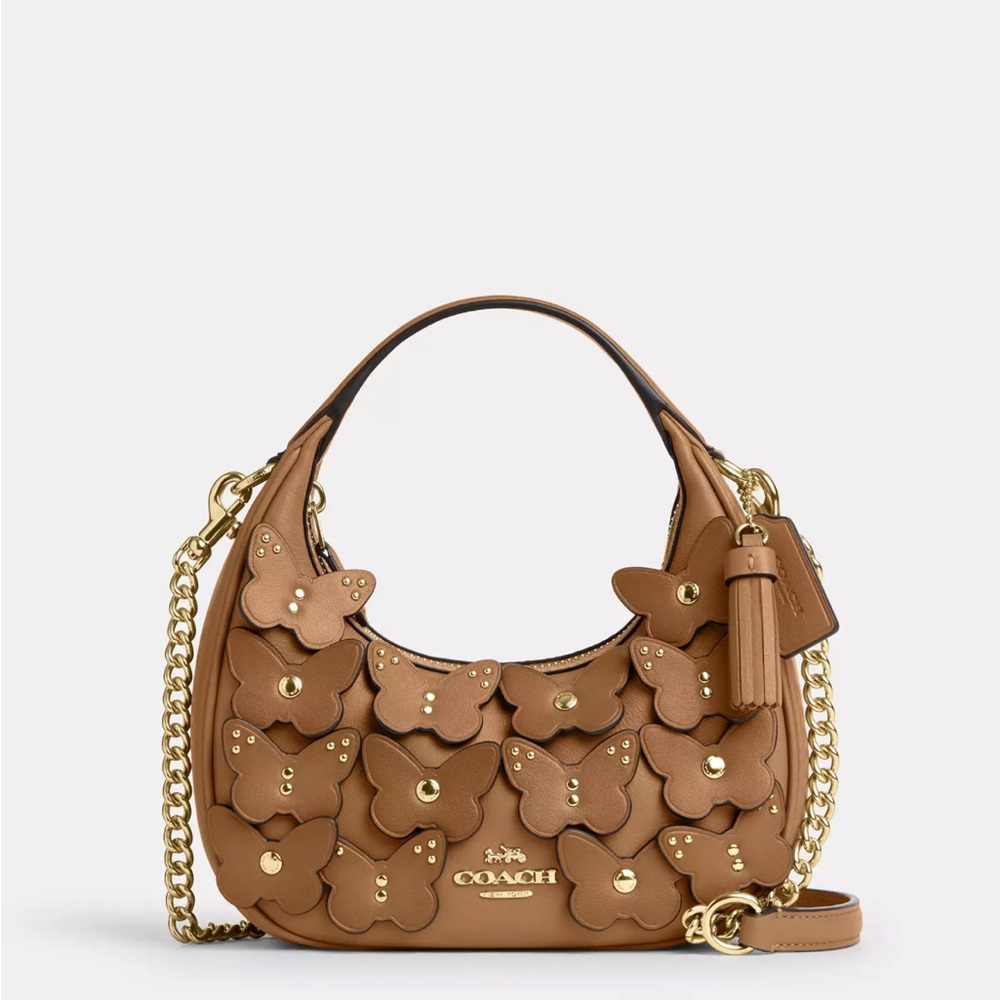 COACH NWT Brown and Gold Carmen Mini Crossbody Bag With Butterfly Appliqués